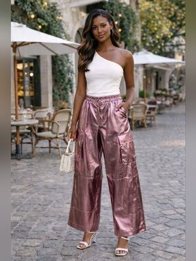 Wide-Leg Metallic Cargo Pants - Lavender/Pink